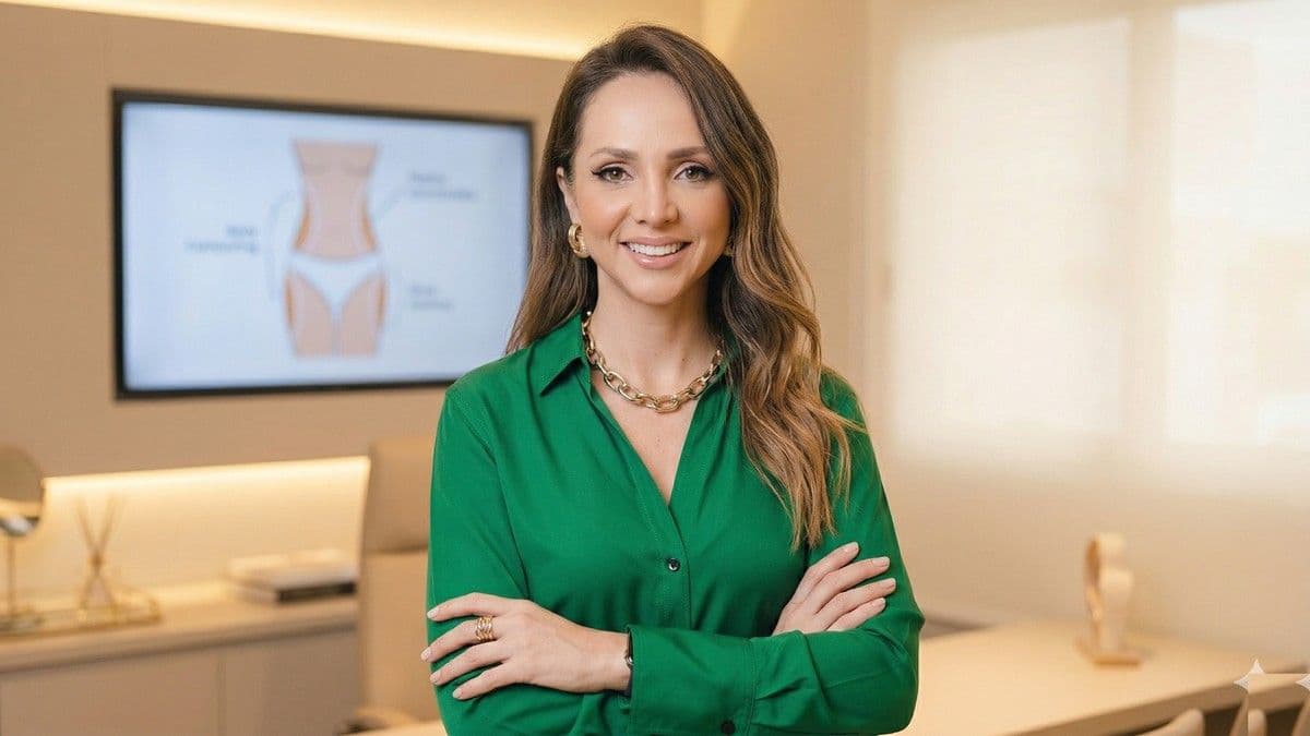 Dra. Raphaela Amaral em sua clínica apresentando informações sobre lipoaspiração